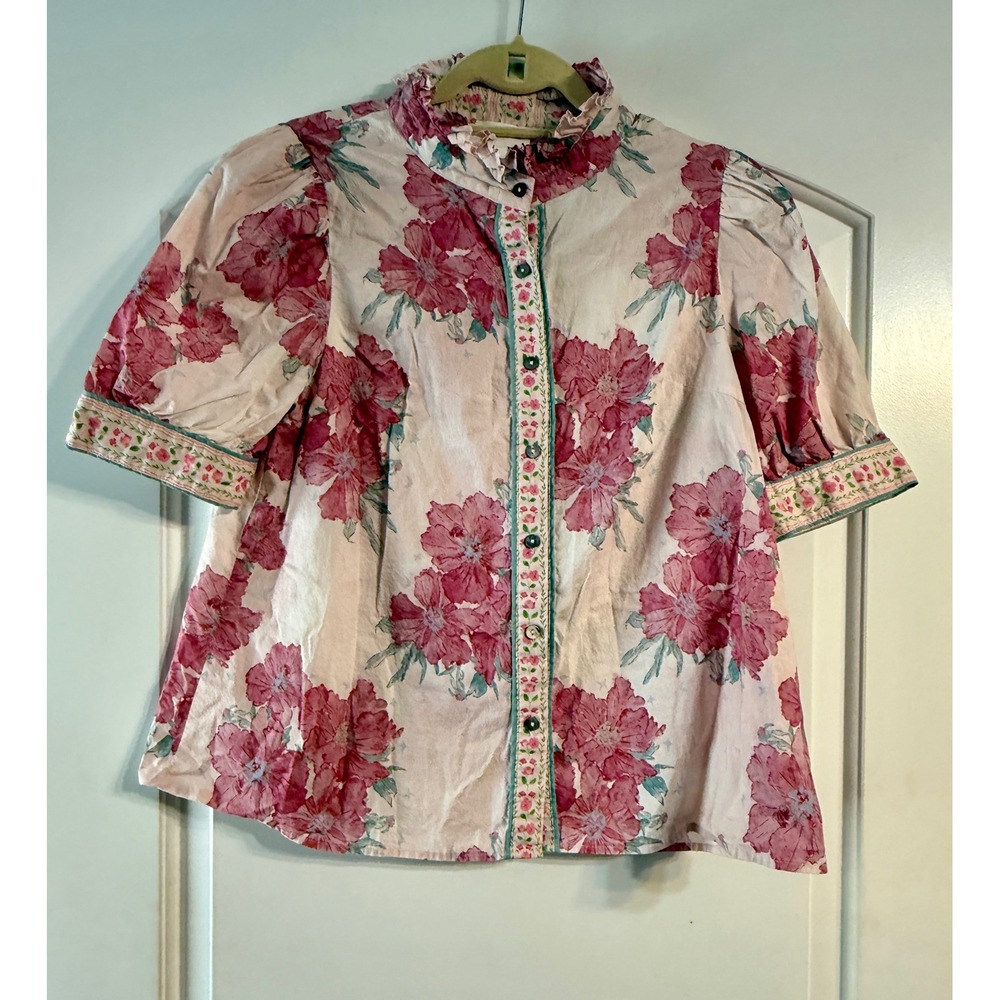 Entro Blouse Large Pink Floral Ruffle Puff Sleeve Cotton Cottagecore Whimsical
